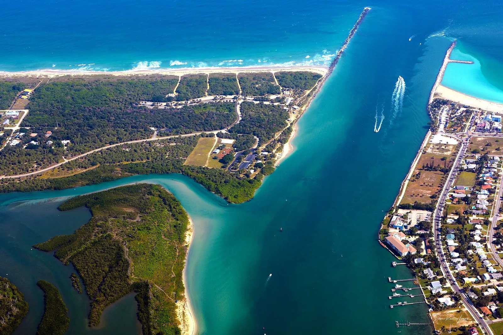 Aerial view of Fort Pierce Inlet and waterfront neighborhoods