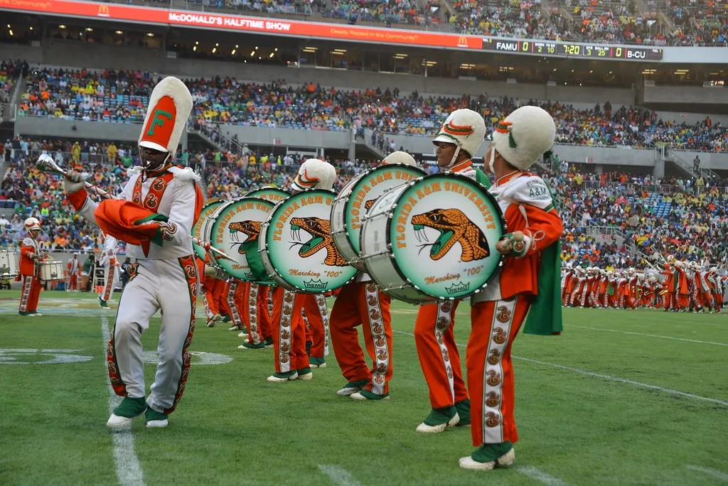 Marching band performs on field during the Florida Classic