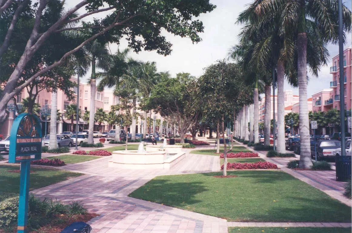 Landscaped public plaza and palms at Mizner Park